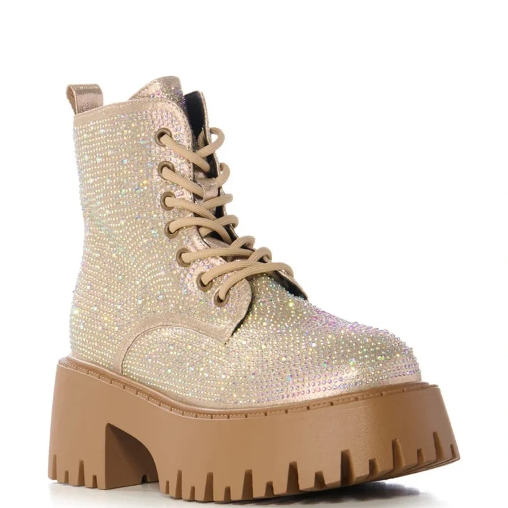 AZALEA WANG Gold Rhinestone Platform Combat Boots